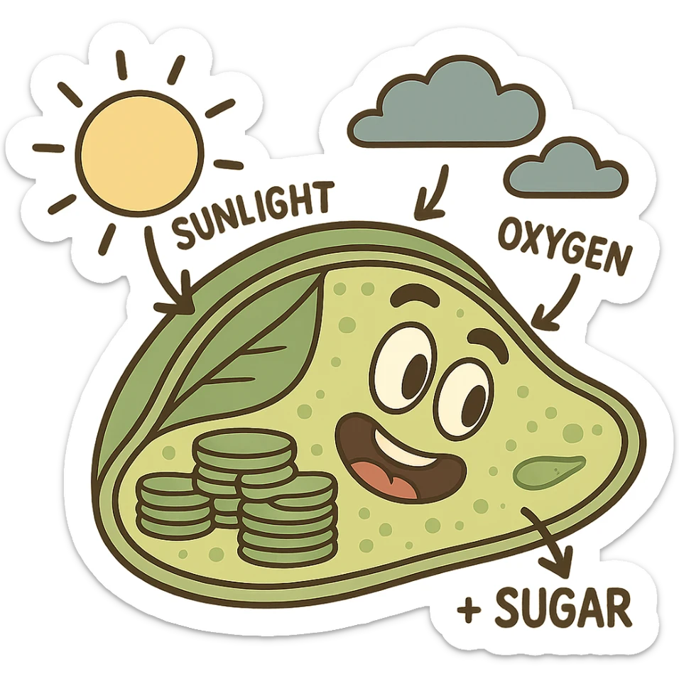 cartoon-style chloroplast at the cellular level showing the process of photosynthesis inside the leaf, transparent background sticker