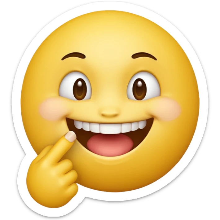 Quiero un personaje de una bolita de emoji amarilla con cara sonriente mordiéndose un dedo sticker