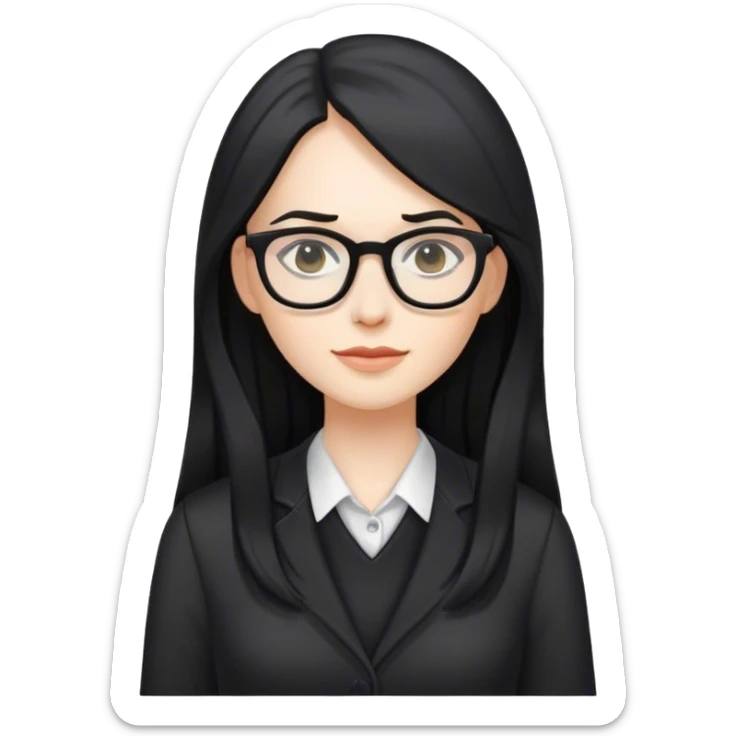 pale female teacher with long black hair, wearing glasses and black clothing sticker