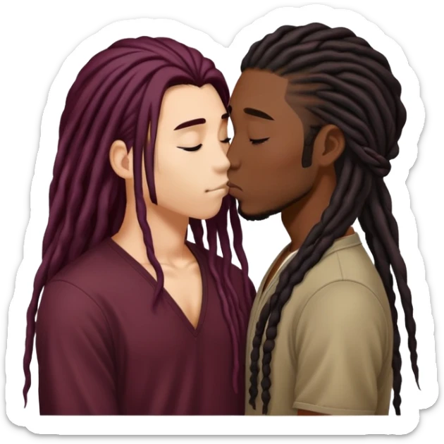 Dark Wine colored hair asian long hair, kissing young black guy with dreads sticker