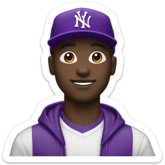 Young, dark-skinned guy in violet attire, wearing a violet NY cap and rocking violet Jordan 4s. 🟣🧢👟 sticker