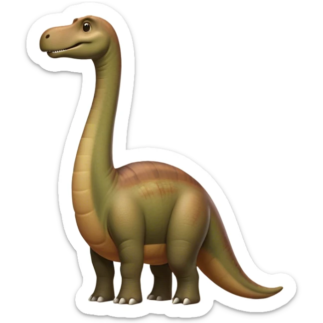 Cinematic Noble Brontosaurus Portrait Emoji, Poised and majestic, with a colossal, elongated neck stretching gracefully from a massive, sturdy body draped in warm, earthy tones, a gentle, wise face with soft, observant eyes, and a long, elegant tail, Simplified yet grandly defined features, highly detailed, glowing with a soft, ancient luminescence, high shine, intelligent and serene, stylized with an air of prehistoric grandeur, focused and calm, soft glowing outline, capturing the essence of a watchful and confident Brontosaurus that appears ready to loom out of the screen with effortless majesty! sticker