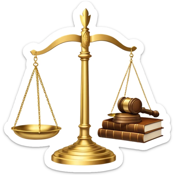 An icon featuring a gavel, scales of justice, and legal books, symbolizing law. The design includes a courthouse building in the background, representing the legal system and justice. Transparent background highlights the authority and structure of the law. sticker
