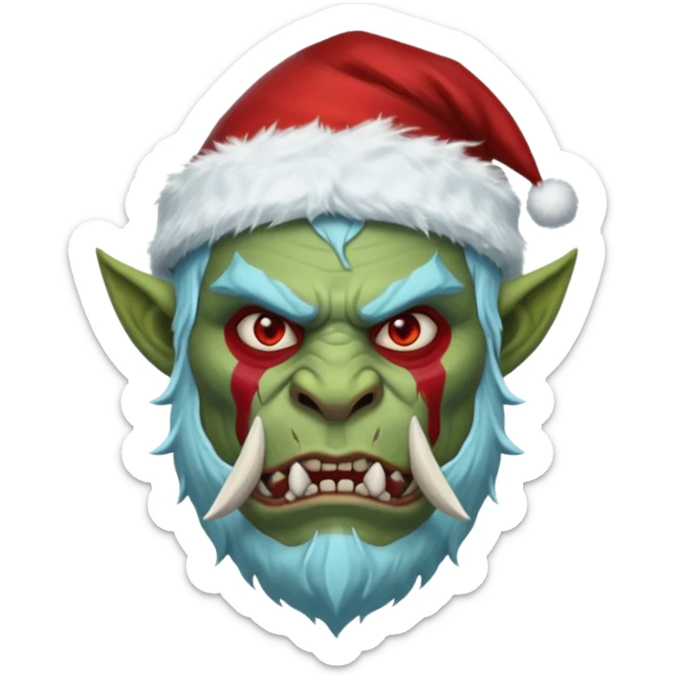 Fantasy orc portrait emoji, Santa Claus hat adapted for orc head with tusks, icy blue and deep red frost war paint on face, brutal winter warrior mood, strong facial features, minimal tribal design, clean high readability emoji style, male/female variant
 sticker