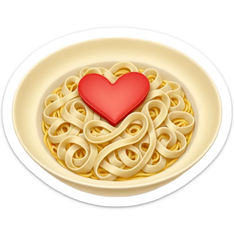 loose tangle of pale yellow cooked noodles with soft glossy texture and natural curves, strands slightly twisted and overlapping, freshly prepared dish, no bowl chopsticks or sauce, soft lighting, subtle shadows, emoji scale, make the noodles heartshaped and add tiny red hearts on the noodles sticker