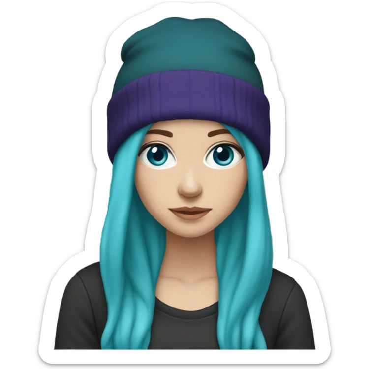 White girl, blue eyes, long teal hair, purple beanie hat, black hoodie sticker