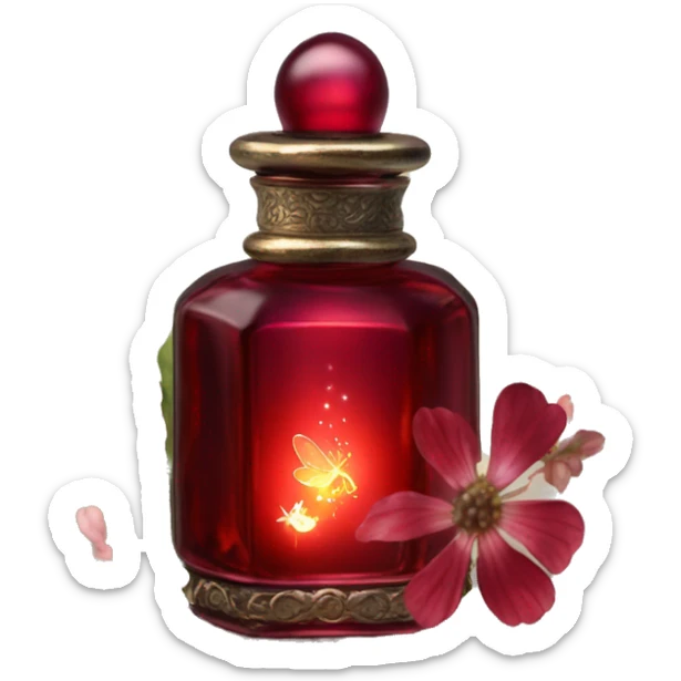 Dark red magic fairy light sparkling old Antique oil perfume bottle with herbal and flowers sticker