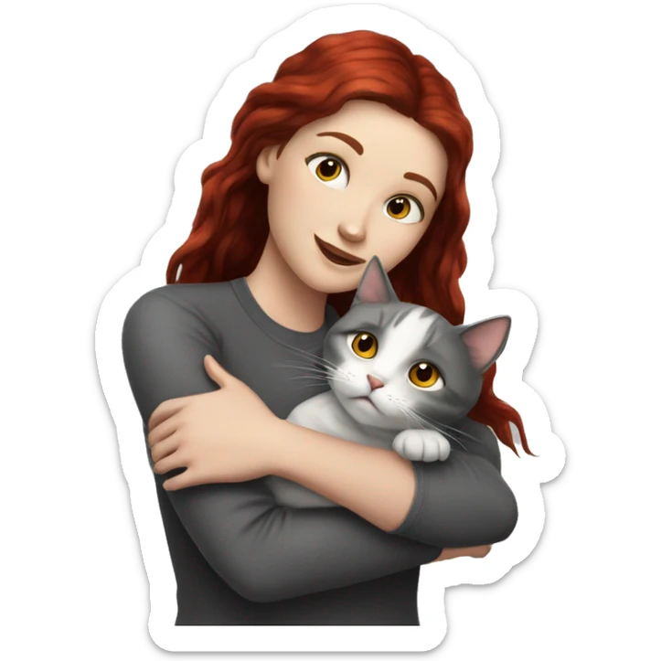 Realistic white girl dark red hair hugs grey cat sticker