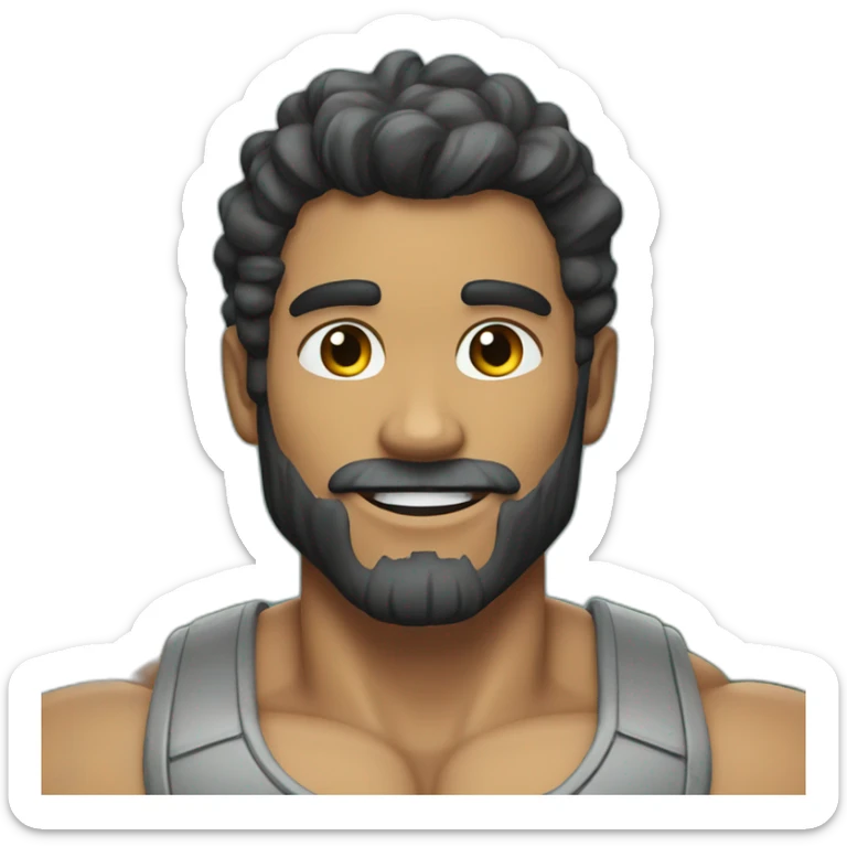 a man with grey skin, black hair and beard, smiling, with a very, very muscular jawline sticker