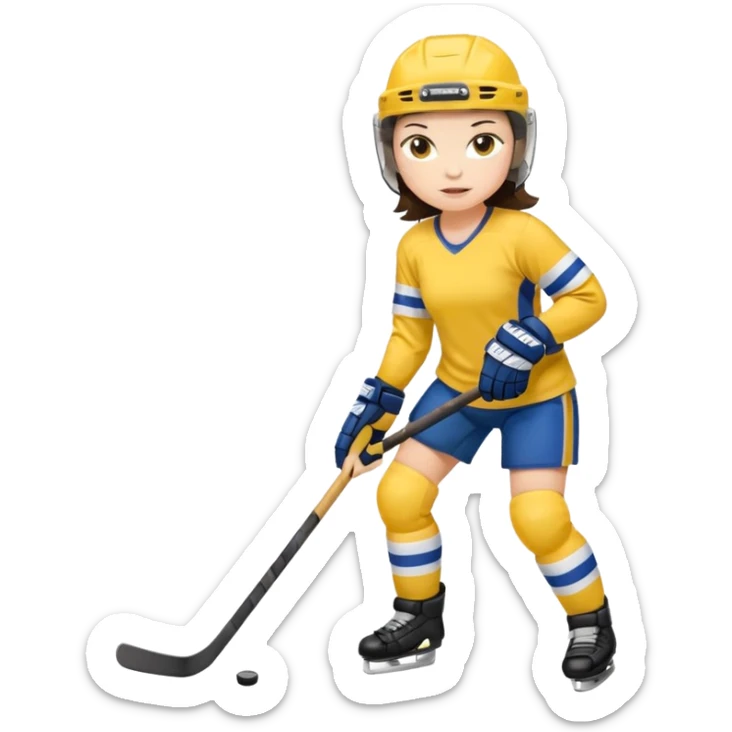 Girl hockey player with yellow jersey full body brunette with helmet sticker