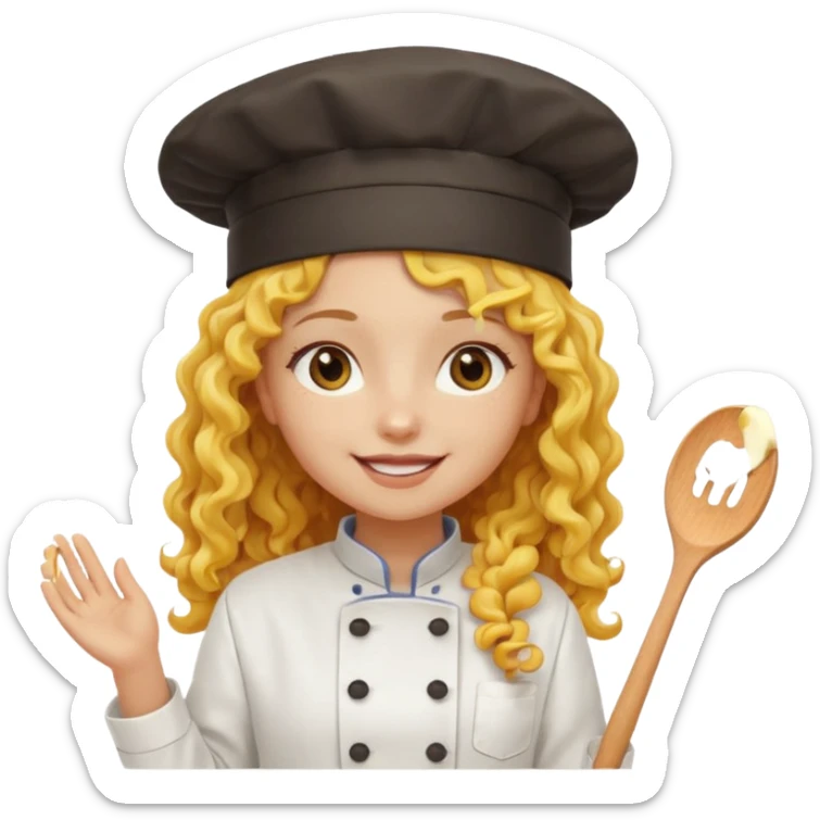 girl, yellow Long curly hair, happy, wearing chef uniform and chef hat sticker