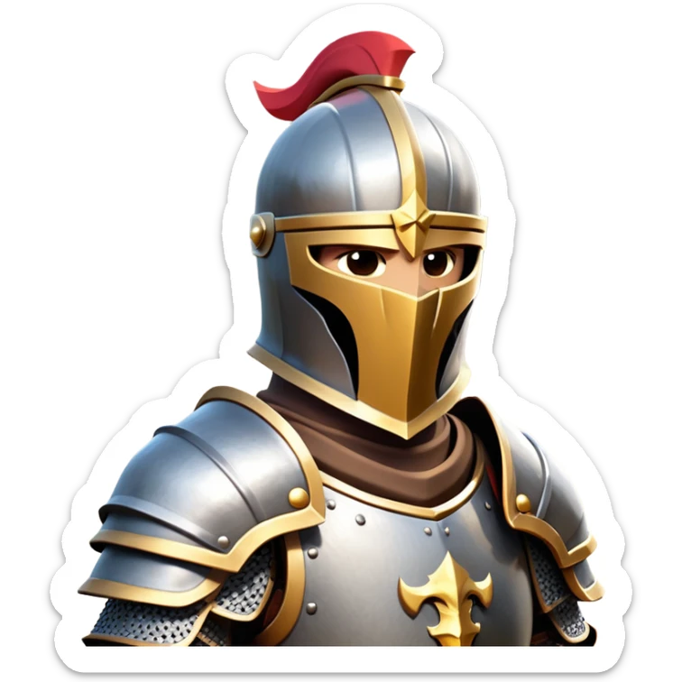 clash-of-clans-aesthetic_-cinematic-fearsome-and-majestic-knight-bust-portrait-emoji, rendered in a flat, vector-style with minimal shading and bold, simplified shapes, depicting a battle-ready medieval knight with steely eyes and intricate armor, mounted on a warhorse reflecting sunlight over a misty battlefield. sticker