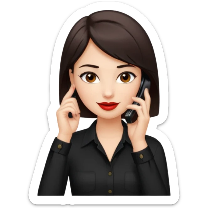 generate a pretty fair bratz girl with dark brown eyes. Dark brown hair straight short hair. tight black button up shirt with top shirt open.  Talking on the phone. Red lipstick, eyeliner on sticker