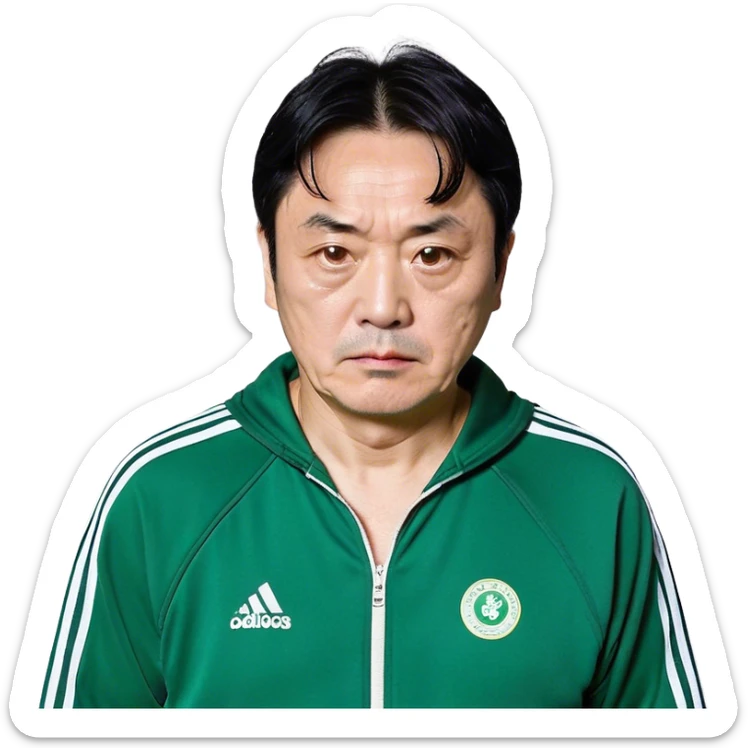 Park Ju-un is a middle-aged man, around 45 years old, green tracksuit, with tired eyes that carry the weight of a lifetime of struggles. His black hair, streaked with strands of gray, is unkempt and damp with sweat.

His face is gaunt, with deep wrinkles lining his forehead and around his mouth, evidence of years of stress and hardship. He wears the standard green Squid Game tracksuit (#369), but his jacket is slightly loose on his thin frame, and the collar is stained with sweat. His hands, slightly calloused from years of office work, tremble as he grips the small needle. sticker
