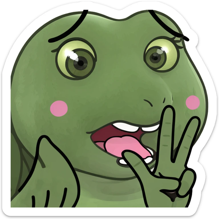 girly character sticking tongue out and showing peace hand sign, meme emoji style, big eyes, silly face sticker