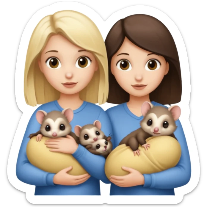 A blond girl and a brunette girl holding a baby possum  sticker