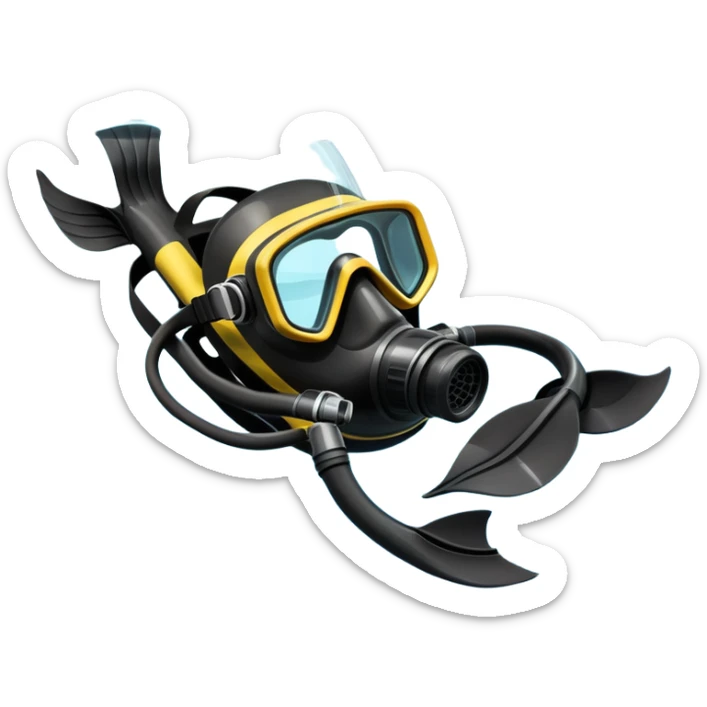 An icon featuring a close-up of a scuba mask, snorkel, and diving fins, with bubbles rising from the gear. The design includes a wetsuit and underwater light rays filtering through the water. Transparent background highlights the essence of diving and underwater exploration. sticker