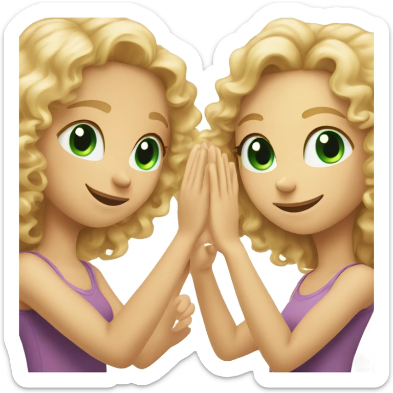 Curly haired girl with green eyes high fiving a blonde haired girl with green eyes sticker