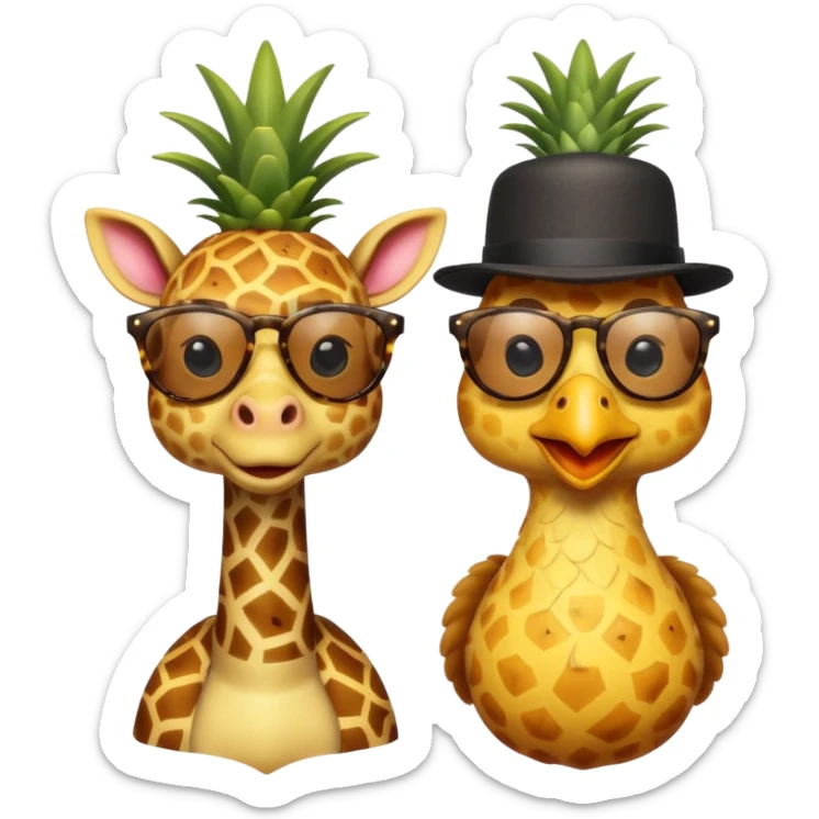 Hybrid of giraffe and chicken wearing pineapple sunglasses with a top hat sticker