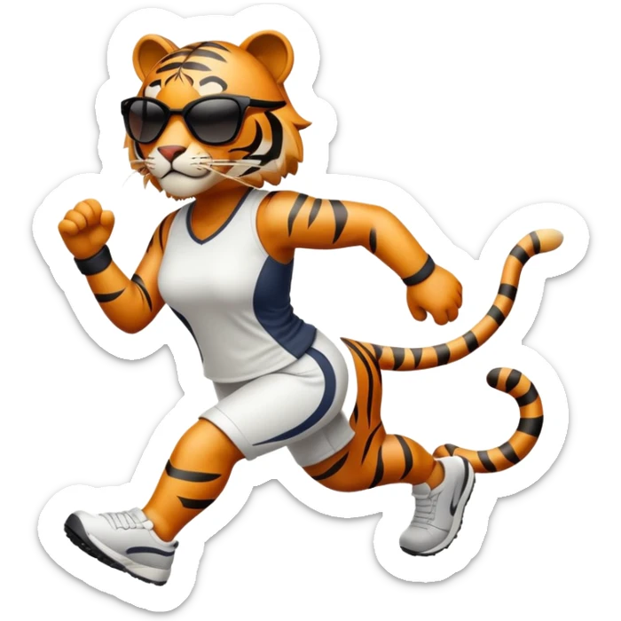 female energetic anthropomorphised tiger in sports clothes, wearing dark sunglasses, walking upright, dynamic pose sticker