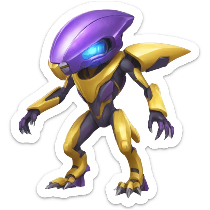 a shiny Genesect-Raptor-Fakémon—hybrid with a futuristic visor-helmet full body sticker