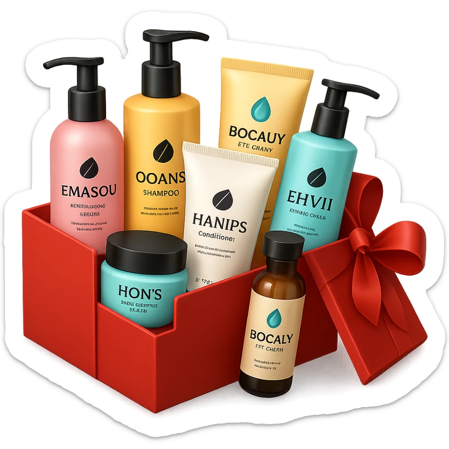 emoji of Gift box with beauty products (shampoo, creams, styling products), a gift box is beautyful open box full of luxury brand-labeled beauty products, with no background sticker