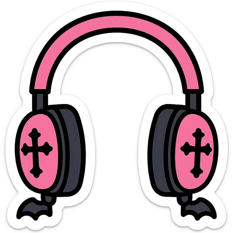 pink gothic headphones with black outlines, pink and black gothic accents, color outline style sticker
