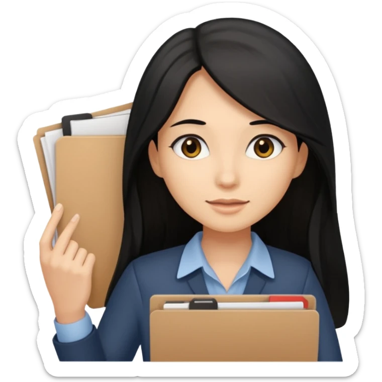 a light tan woman with long black hair past mid-back, round brown eyes and manila folder in her hands sticker