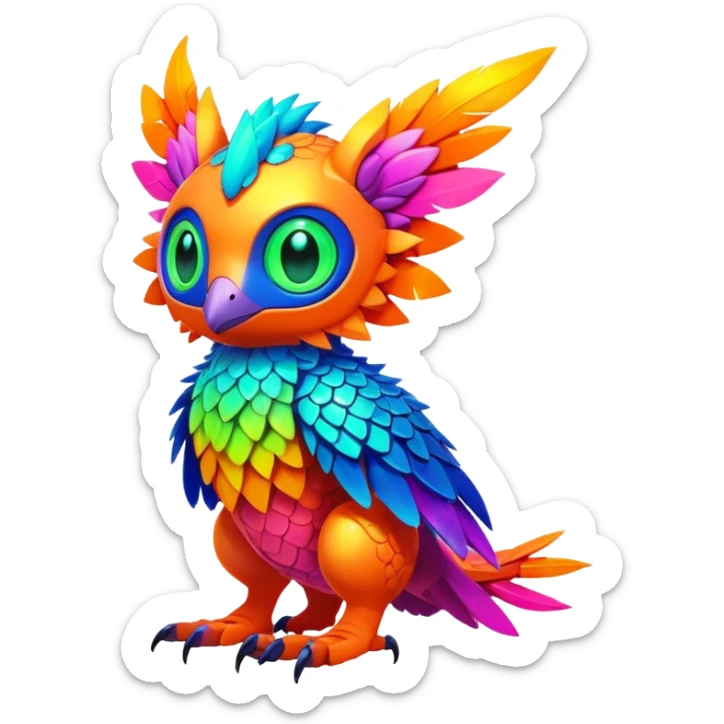 Tropical futuristic lush warm-colored modern colorful neon-colored cyber-Fakémon-Digimon-Trico-creature sticker