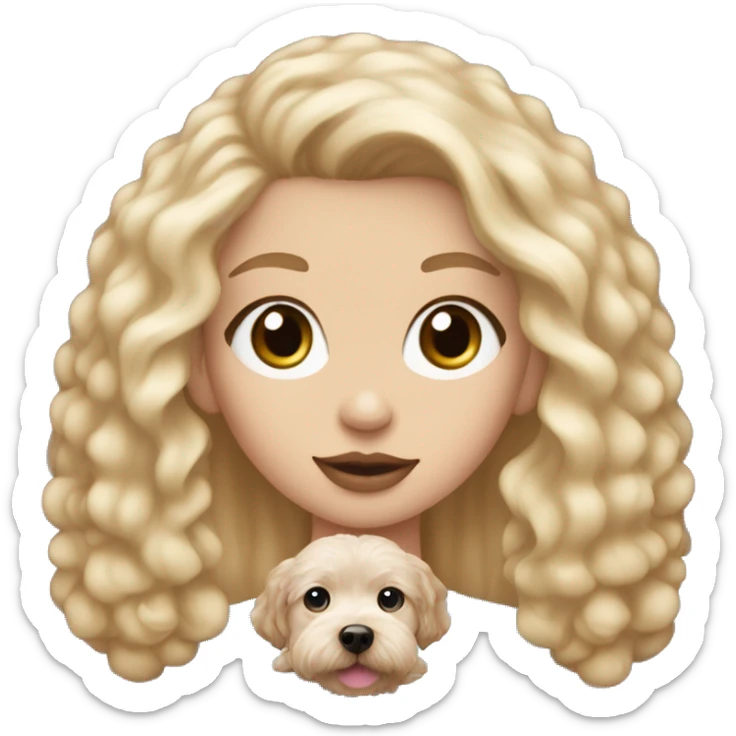 Blonde girl with long straight hair with blue eyes with pink lips holding a brown maltipoo sticker