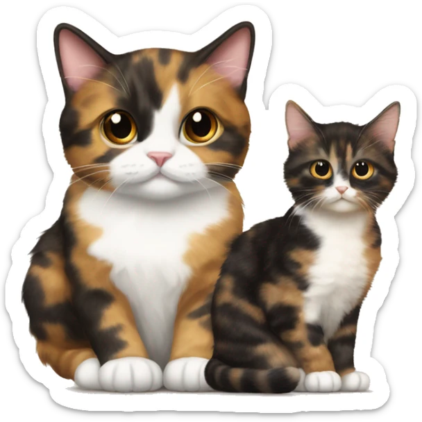 tortie cat (brown and golden) next to a semi fluffy calico kitten sticker