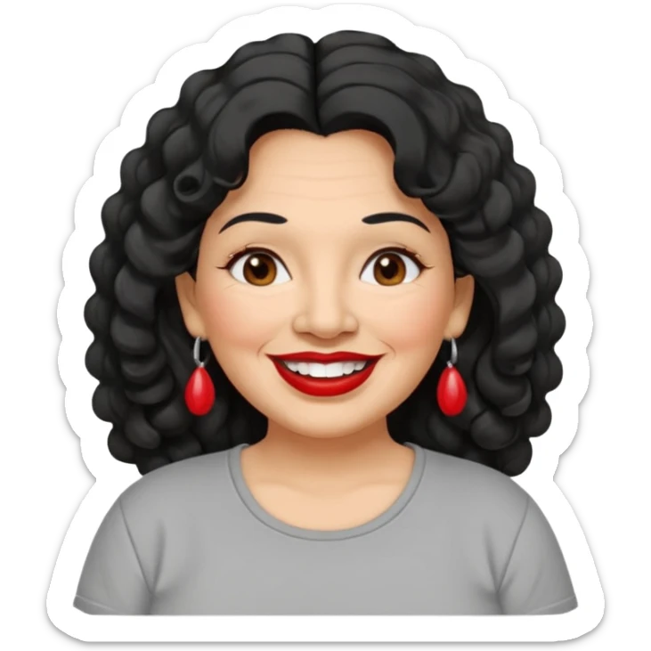 60 yr old Mexican woman, slightly chubby, wavy/curly long black hair, red lipstick, big smile, white teeth, brown eyes, hoop earings, side part to hair, round face, grey t shirt, hair side swept, big hoop earing sticker