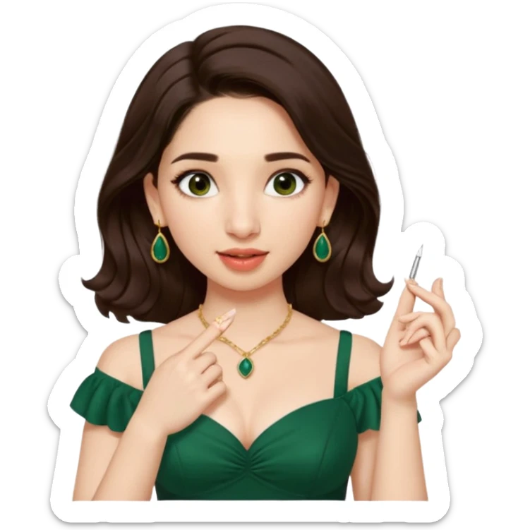pretty bratz genmoji that looks like tamannah bhatia (bollywood actress), wearing a dark green sweetheart neckline top, dark brown hair, light makeup, no necklace, dangly earrings, side hair part, fair. dark brown eyes


Show her licking her finger  sticker