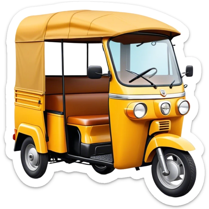Cinematic Realistic Tuk Tuk Emoji, depicted as a vibrant iconic three-wheeled vehicle with bold colors and a compact design, rendered with crisp textures and dynamic urban lighting that captures its quintessential Thai charm. sticker