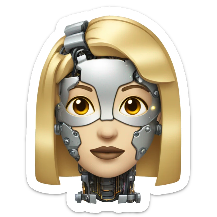 female cyborg head with metallic plated face, blonde bobbed hair and circuitry sticker
