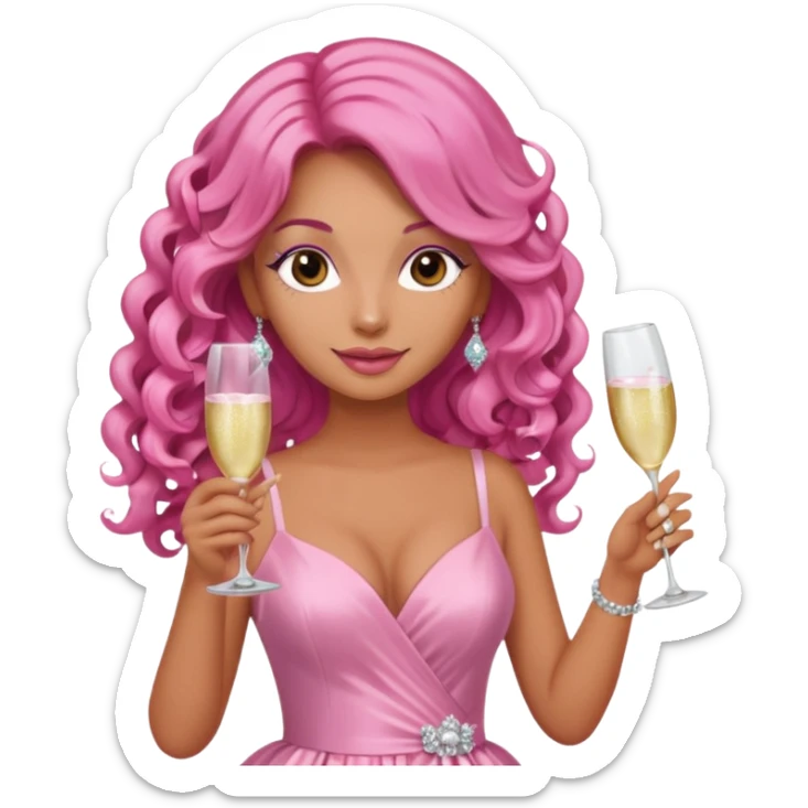 One lady with long pink curled hair and tan skin holding two pink champagne glasses sticker