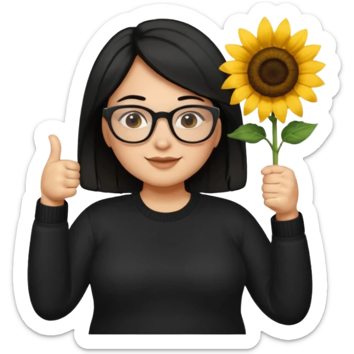 Make my biology teacher shes light brown, wears glasses, female, fat, all black sweater down and sunflower shirt under and make her give 1 thumbs up and she has black hair and chubby sticker
