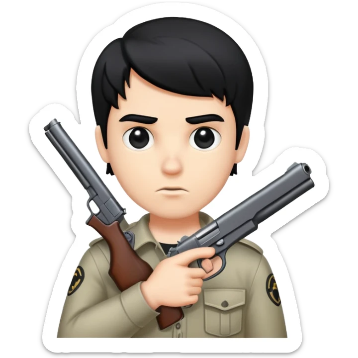 Beautiful white boy with black eyes and black hair and gun in his hand sticker
