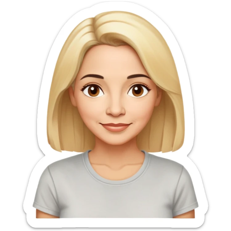 Puerto Rican actress Linette Torres in her 50s with warm light skin, sweet loving expression, gentle kind eyes, well-defined eyebrows, straight nose, warm nurturing smile, shoulder-length blonde hair, wearing a comfortable casual t-shirt sticker