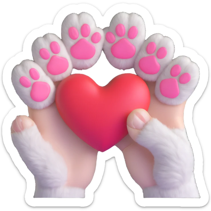cat paw making Korean finger heart gesture, two paw fingers forming small heart shape, soft fur texture, warm lighting, kawaii aesthetic, minimal clean composition sticker