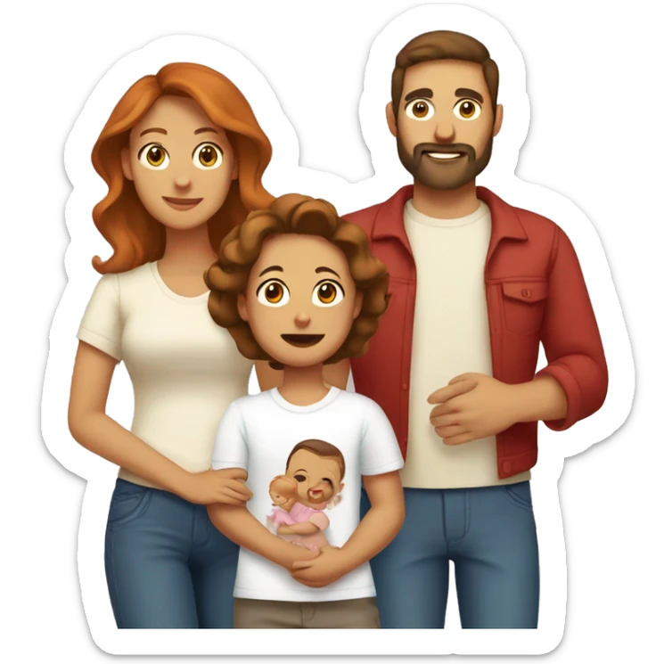traditional family with a father with brown eyes, brown hair and beard, mother wearing t-shirt and pants, and red long hair, and one baby on her arms sticker