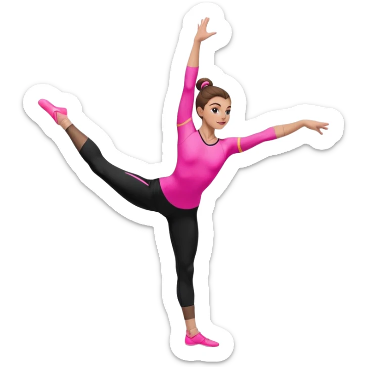 A female gymnast with brown hair in a neat bun, wearing black leggings and a T-shirt with neon pink elements, performing an acrobatic move. sticker