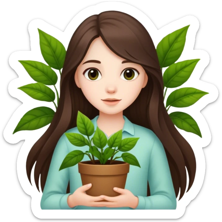 beautiful pale brunette girl with long hair holding plants  sticker