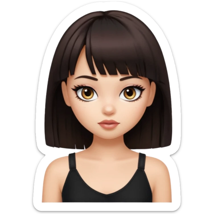 generate a pretty bratz girl in black cami top, dark brown straight bob hair with bangs, eyeliner on, sticker