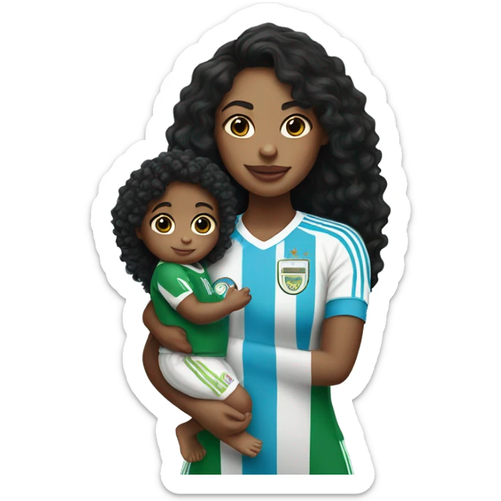 Girl with long black curly hair wearing a half Argentina half Nigerian jersey holding a baby  sticker