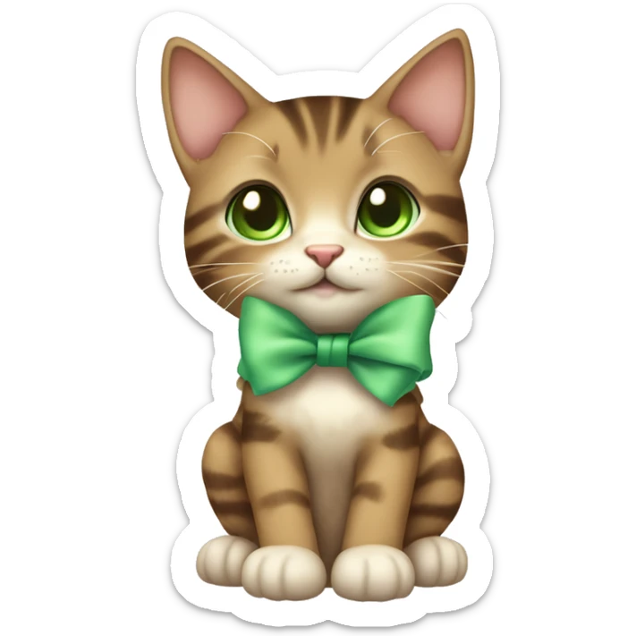 extremely cute kawaii brown tabby girl kitten with green eyes and pastel green bow full body sticker