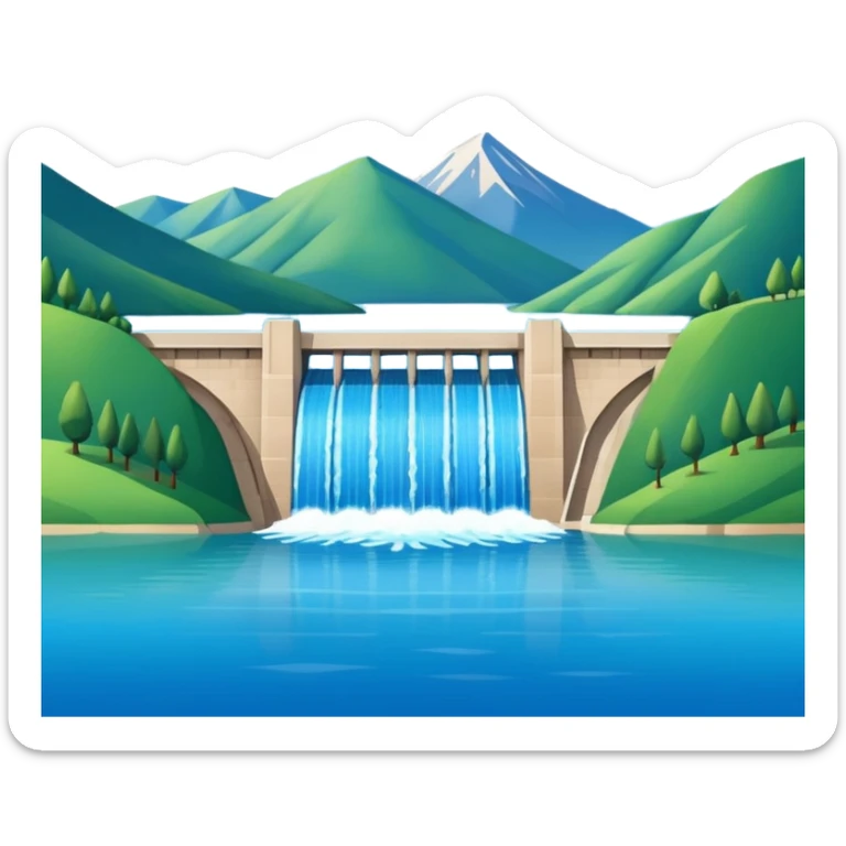 Emoji-style illustration of dam in front of mountain lake, flat vector look, bold outlines, minimal details, no background. sticker
