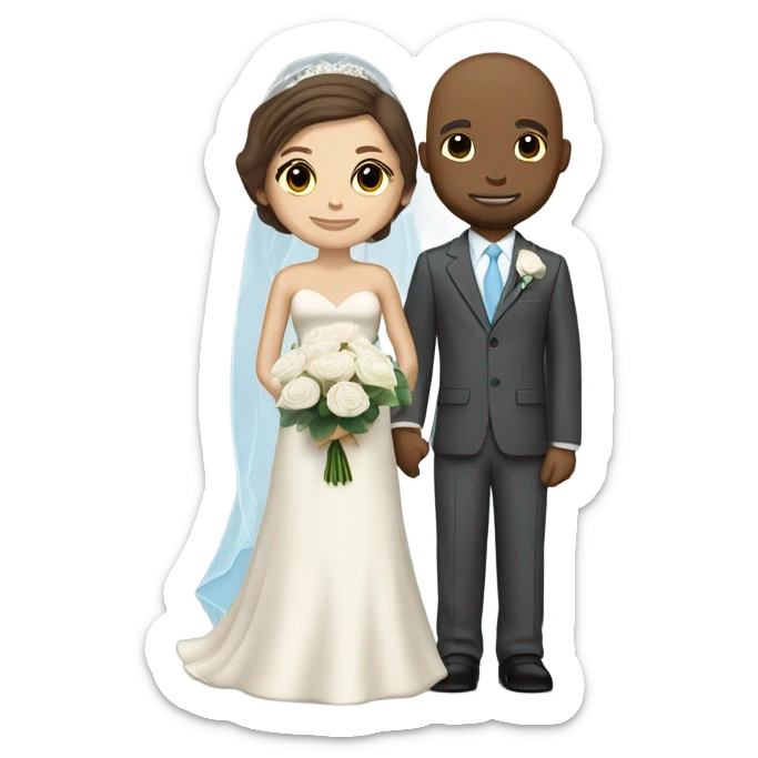 Light skin color grown wedding couple. Bride have short brown hair, she is wearing a long veil and is holding a white rose bouquet. The grown groom have also brown hair and is wearing a cream suit with a sky blue tie and breast pocket with a boutonniere sticker