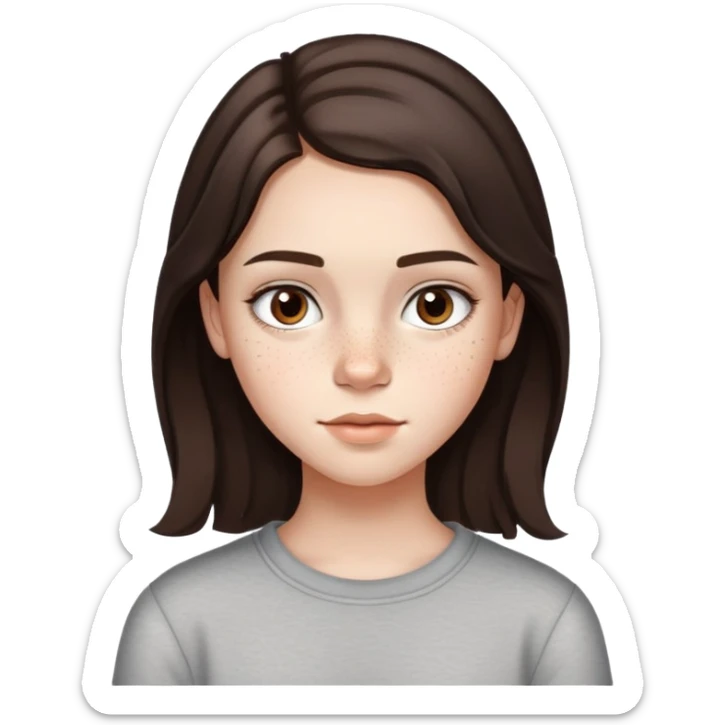 13 year old girl with mid length dark brown hair with minimal highlights, freckles, big forehead and nice lips sticker