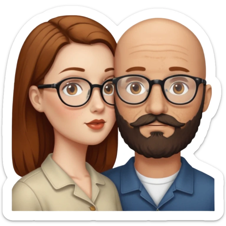 Couple. Bald man with dark brown-black beard. White woman with many small, faded freckles, she has white skin and she has auburn-brown-cinnamon, dark long hair. She has light brown eyes. The man have hazel eyes and glasses. She have light eyes. Retro style. She kisses him. sticker